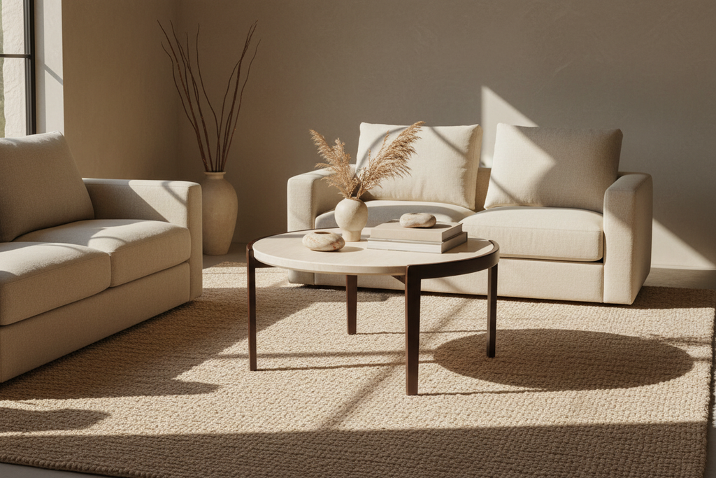 Round Travertine Coffee Table - Living Room Scene