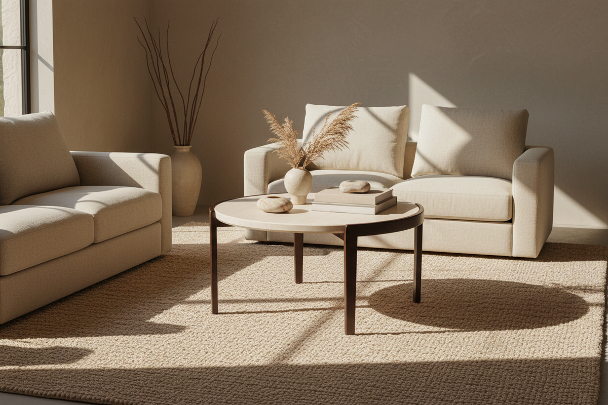 Round Travertine Coffee Table - Living Room Scene
